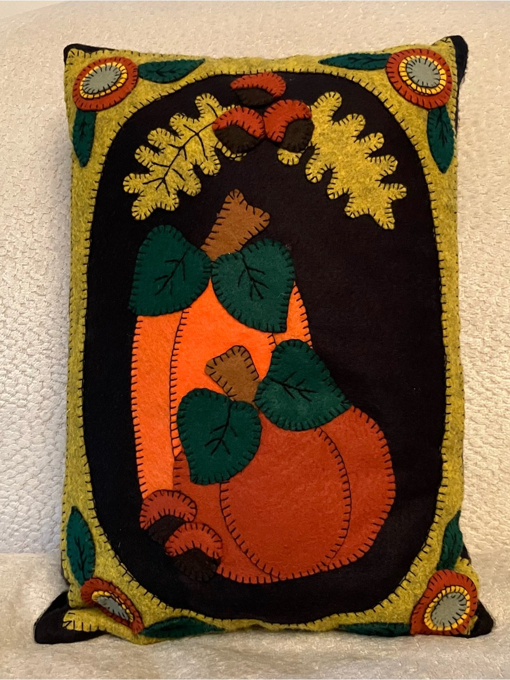 Felted Wool Pumpkin Folk Art Throw Pillow Applique Patchwork Primitive 12x17